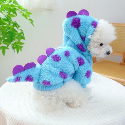 Pet Clothing Dog Cat Autumn and Winter Thickened Warm Blue Dinosaur Hooded Coat With Drawstring Buckle For Small Medium Dogs