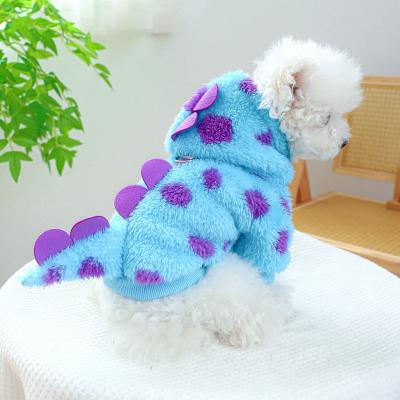 Pet Clothing Dog Cat Autumn and Winter Thickened Warm Blue Dinosaur Hooded Coat With Drawstring Buckle For Small Medium Dogs