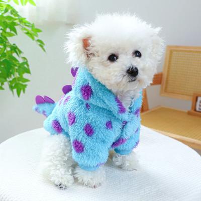 Pet Clothing Dog Cat Autumn and Winter Thickened Warm Blue Dinosaur Hooded Coat With Drawstring Buckle For Small Medium Dogs