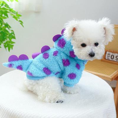 Pet Clothing Dog Cat Autumn and Winter Thickened Warm Blue Dinosaur Hooded Coat With Drawstring Buckle For Small Medium Dogs