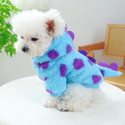 Pet Clothing Dog Cat Autumn and Winter Thickened Warm Blue Dinosaur Hooded Coat With Drawstring Buckle For Small Medium Dogs