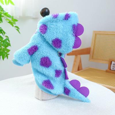 Pet Clothing Dog Cat Autumn and Winter Thickened Warm Blue Dinosaur Hooded Coat With Drawstring Buckle For Small Medium Dogs